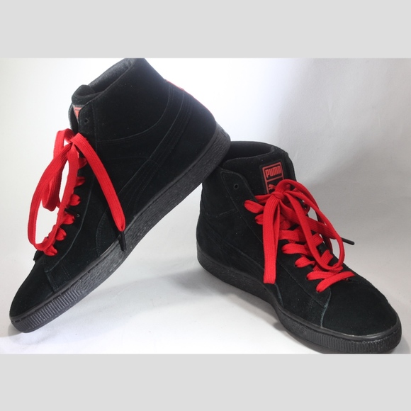 black and red suede pumas